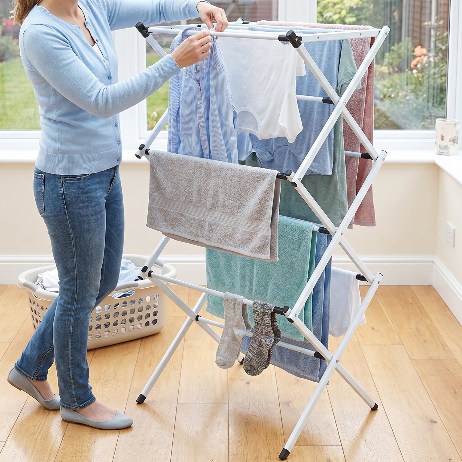 Space saving metal clothes airer suitable for indoor and outdoor drying
