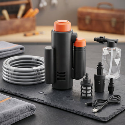 Portable high pressure car washer shown with approximate dimensions.