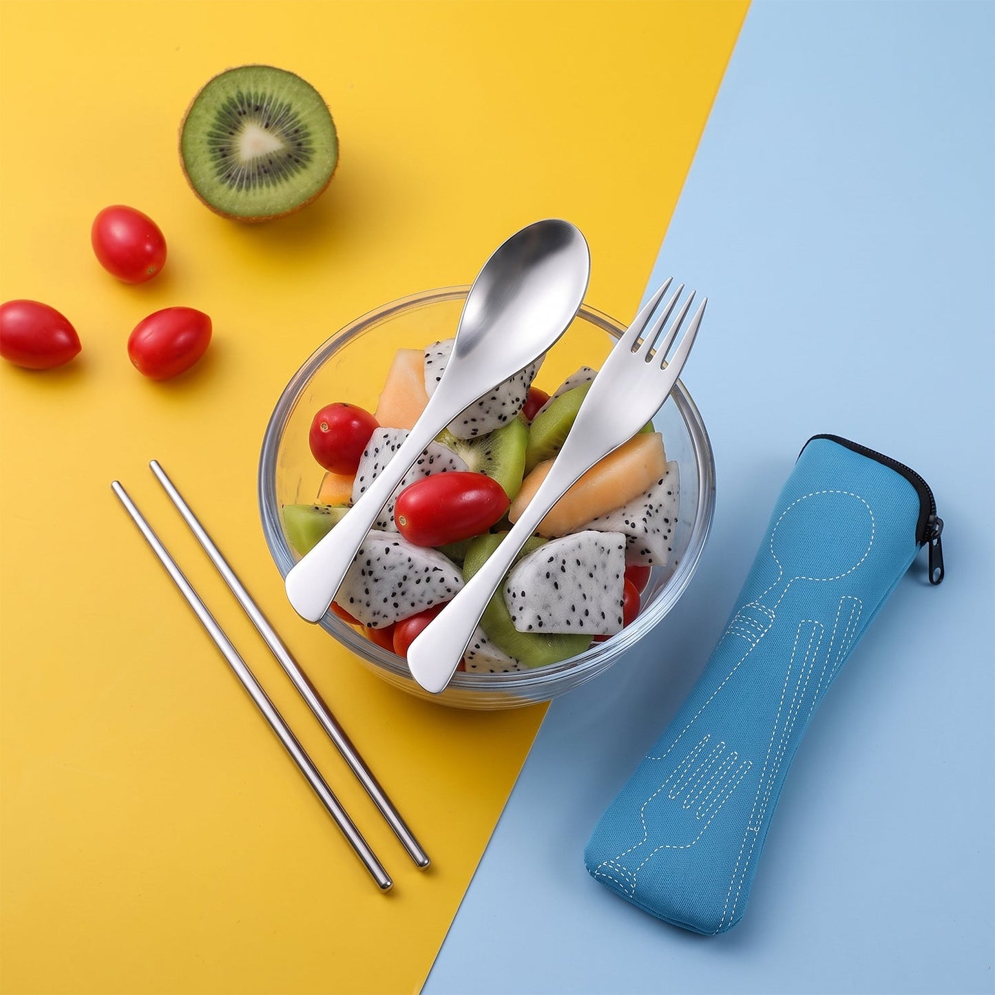On the go flatware set with spoon, fork, knife and chopsticks