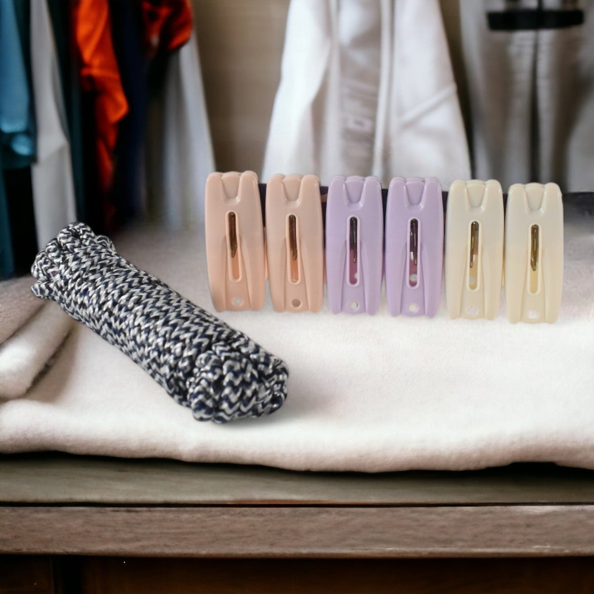 Cloth Drying Rope with Clips – Durable 7-Piece Hanging set