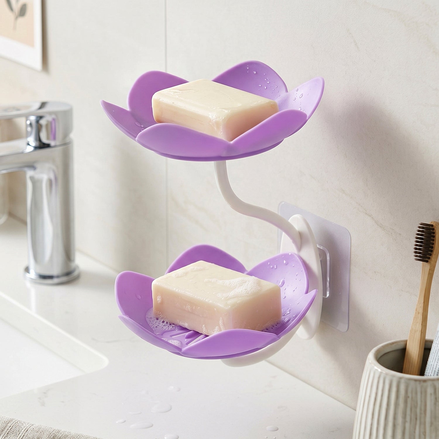 The flower shape double layer soap dish in use, neatly holding soap in a bathroom.