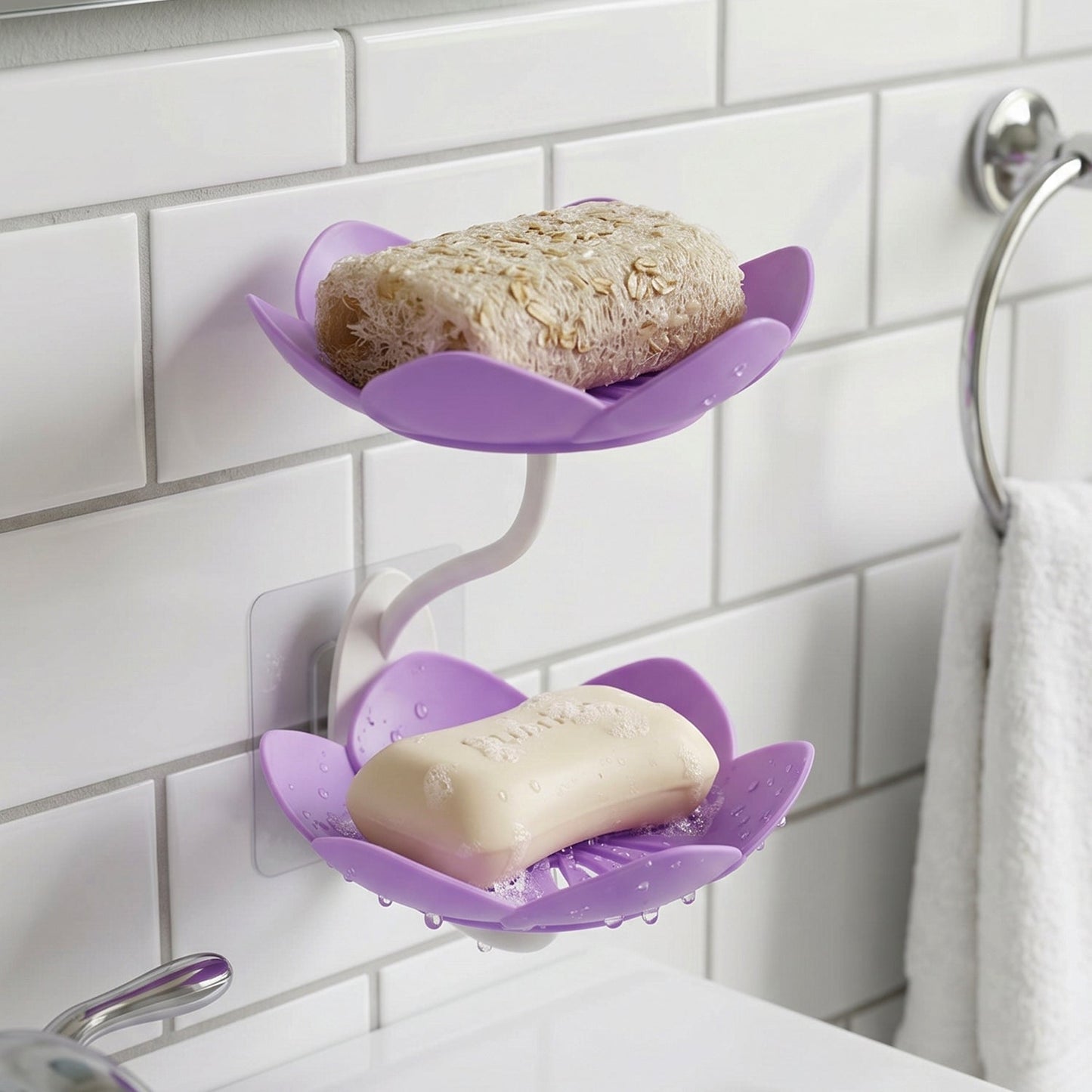 Close up view of the double layer soap dish showing its effective drainage system.