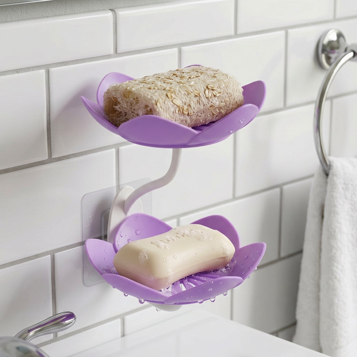 Close up view of the double layer soap dish showing its effective drainage system.