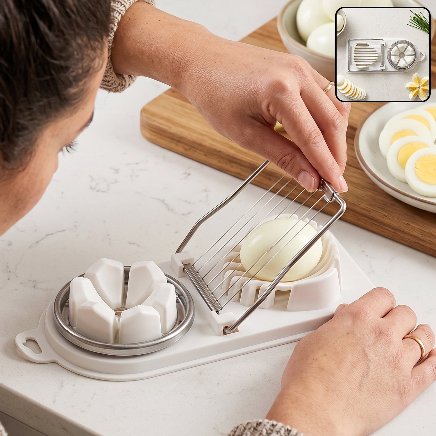 2 in 1 stainless steel egg cutter, slicer and wedger for boiled eggs (1 pc)