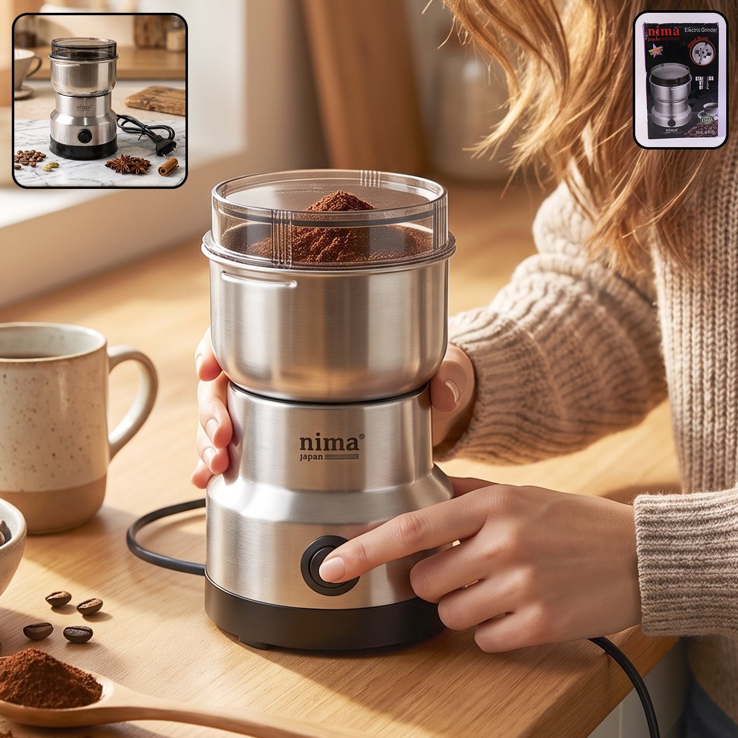 Mini electric grinder, 150W stainless steel, for coffee, spice and masala (1 pc)