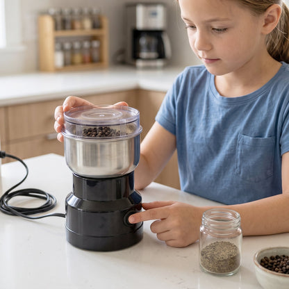 Portable electric grinder for dry spices and coffee beans