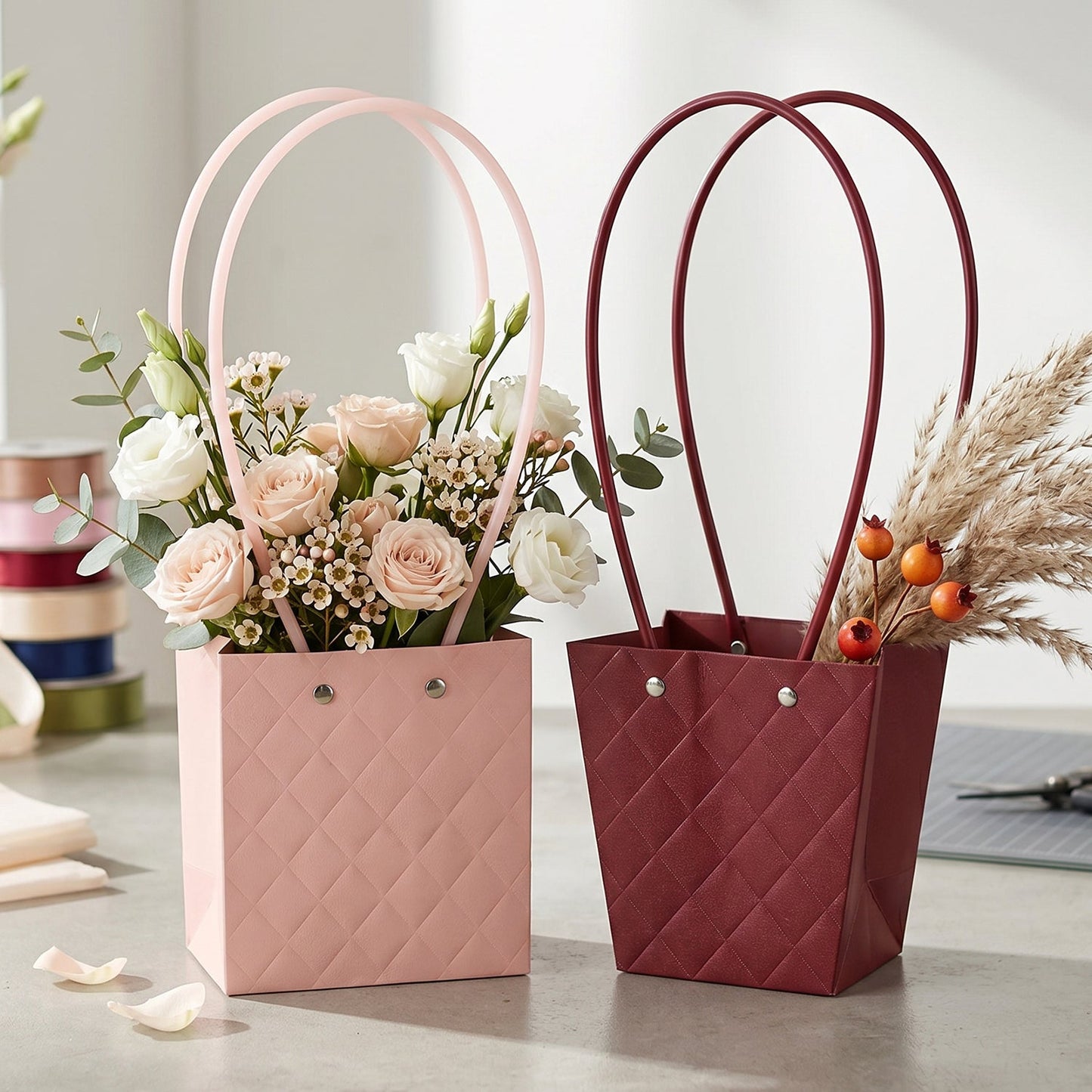 Close-up of bag handle detail for floral packaging