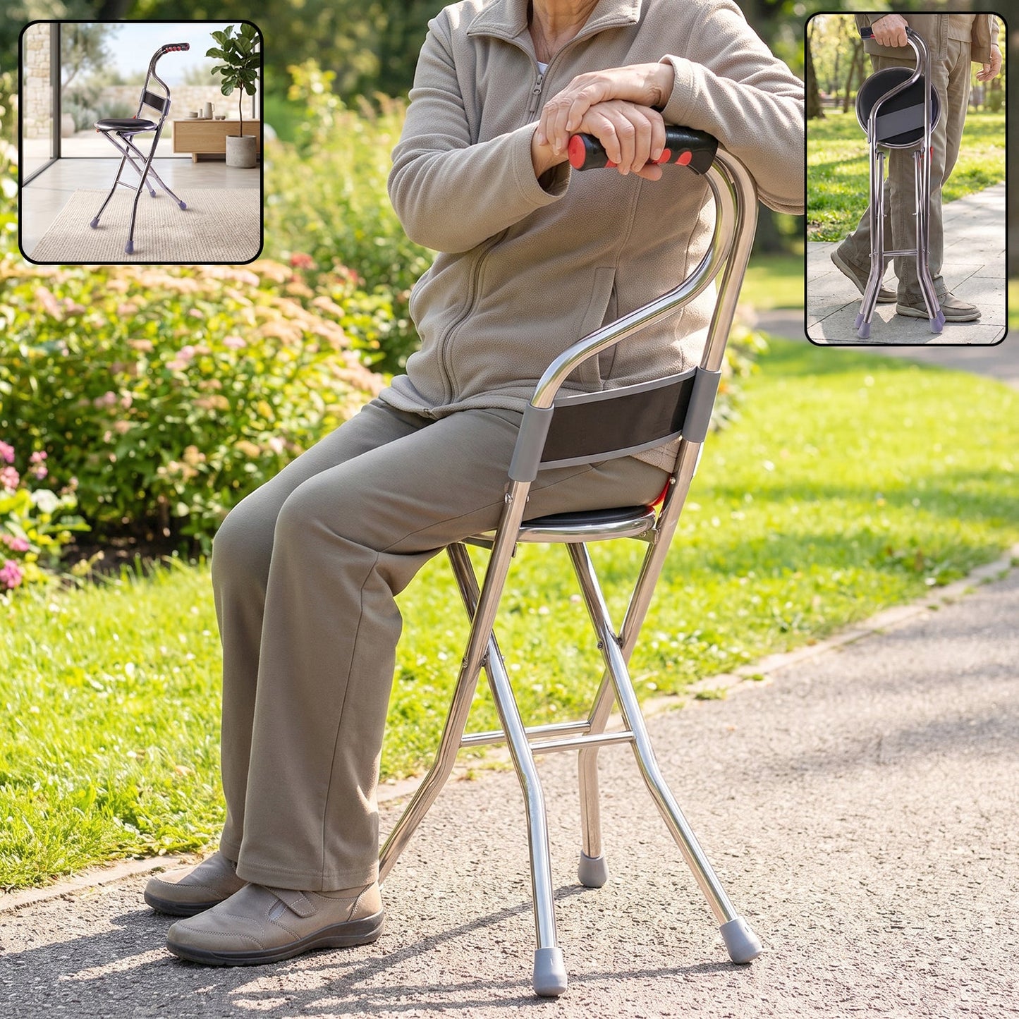 Folding walking stick with seat and backrest, 4 leg cane stool chair (1 pc)