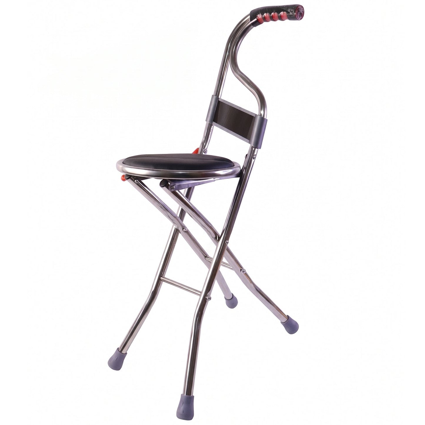 Portable walking stick with fold out seat and back support