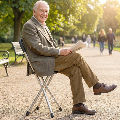Portable walking stick stool with tripod base and comfortable seat