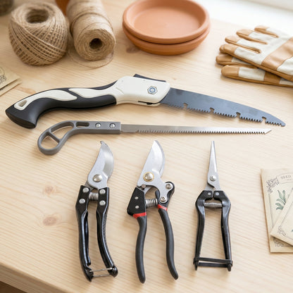 Gardening tools including pruning saw and shears for garden care