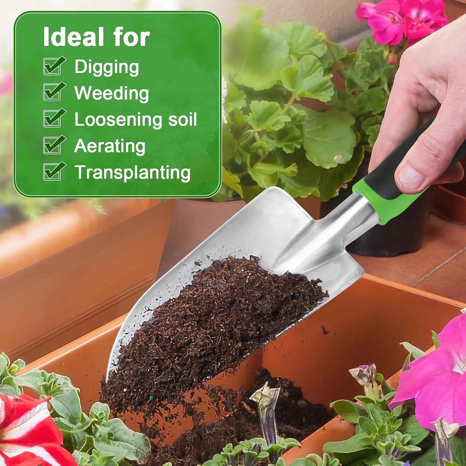 Sturdy steel hand trowel for digging holes and weeding