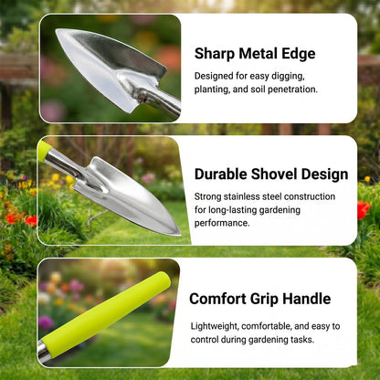 Close up of the sturdy steel trowel and rake from the Mini Gardening Tool Set.