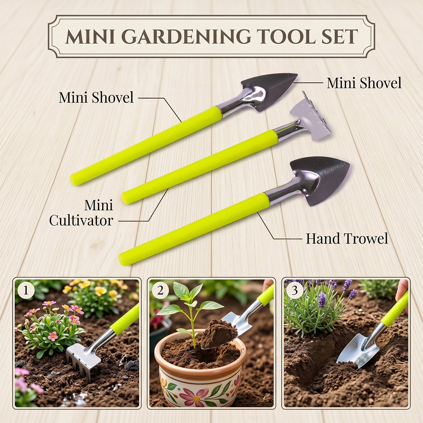 Detailed view of the ergonomic handles and steel heads of the gardening hand tools.