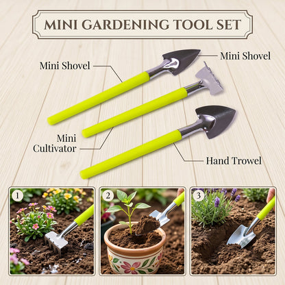 Detailed view of the ergonomic handles and steel heads of the gardening hand tools.