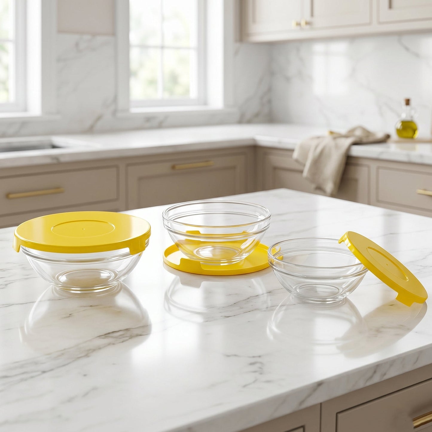 Kitchen setup with glass bowls used for prepping and serving food.