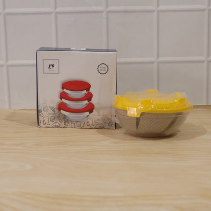 Full view of set of 3 durable, transparent glass bowls with lids.