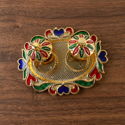 Decorative pooja thali with bowls for kumkum and sindoor