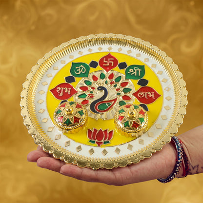 Big golden puja plate with bowls for temple and home worship