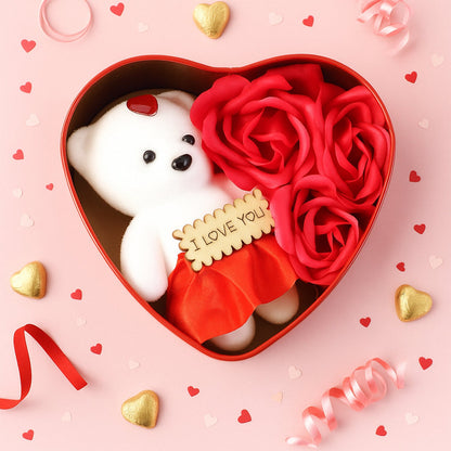 Heart Shape Valentine’s Gift Box with Teddy Bear & Rose – detail view