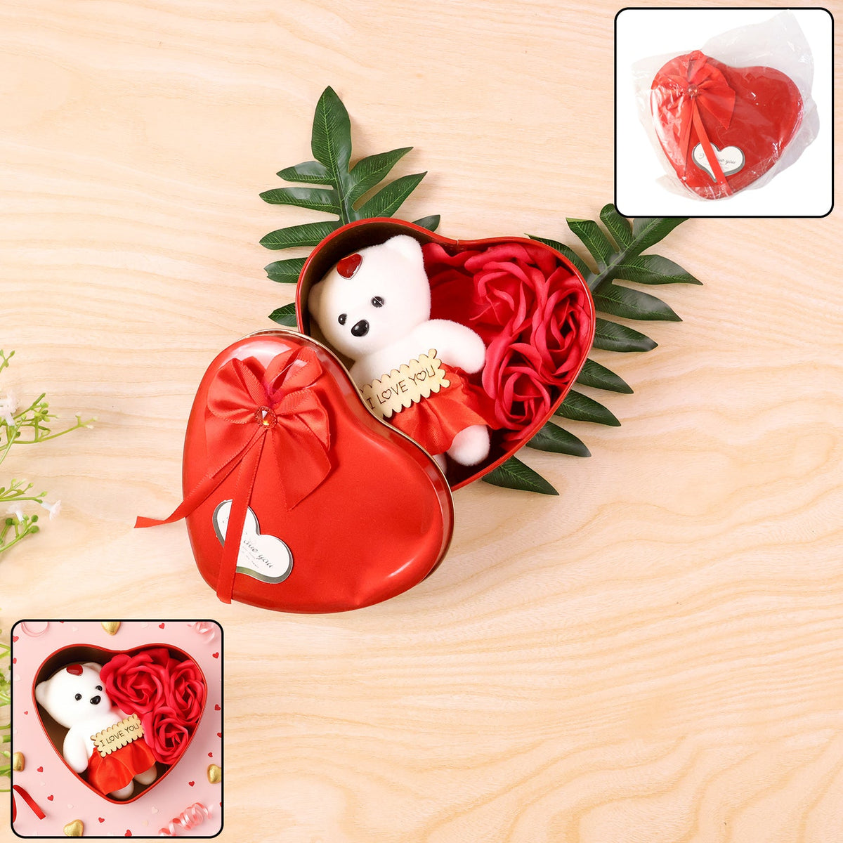 Heart Shape Valentine’s Gift Box with Teddy Bear & Rose