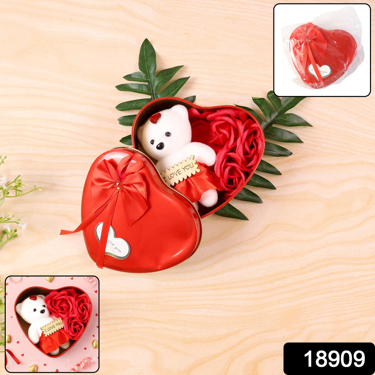 Heart Shape Valentine’s Gift Box with Teddy Bear & Rose – side view