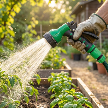 Multi-pattern garden water spray gun in green and black for outdoor use