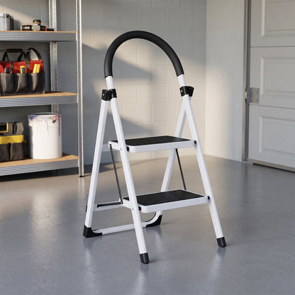 Space saving foldable step ladder for reaching high shelves
