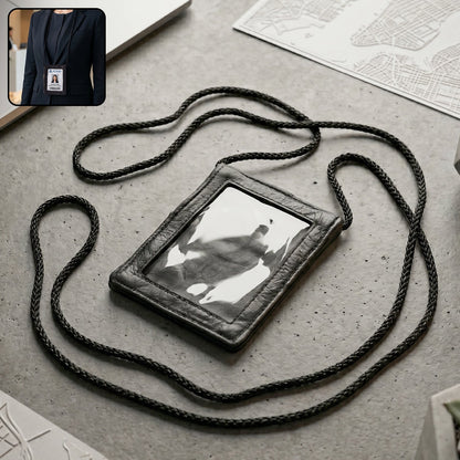 Black leather neck wallet with clear ID window and lanyard for travel and office use