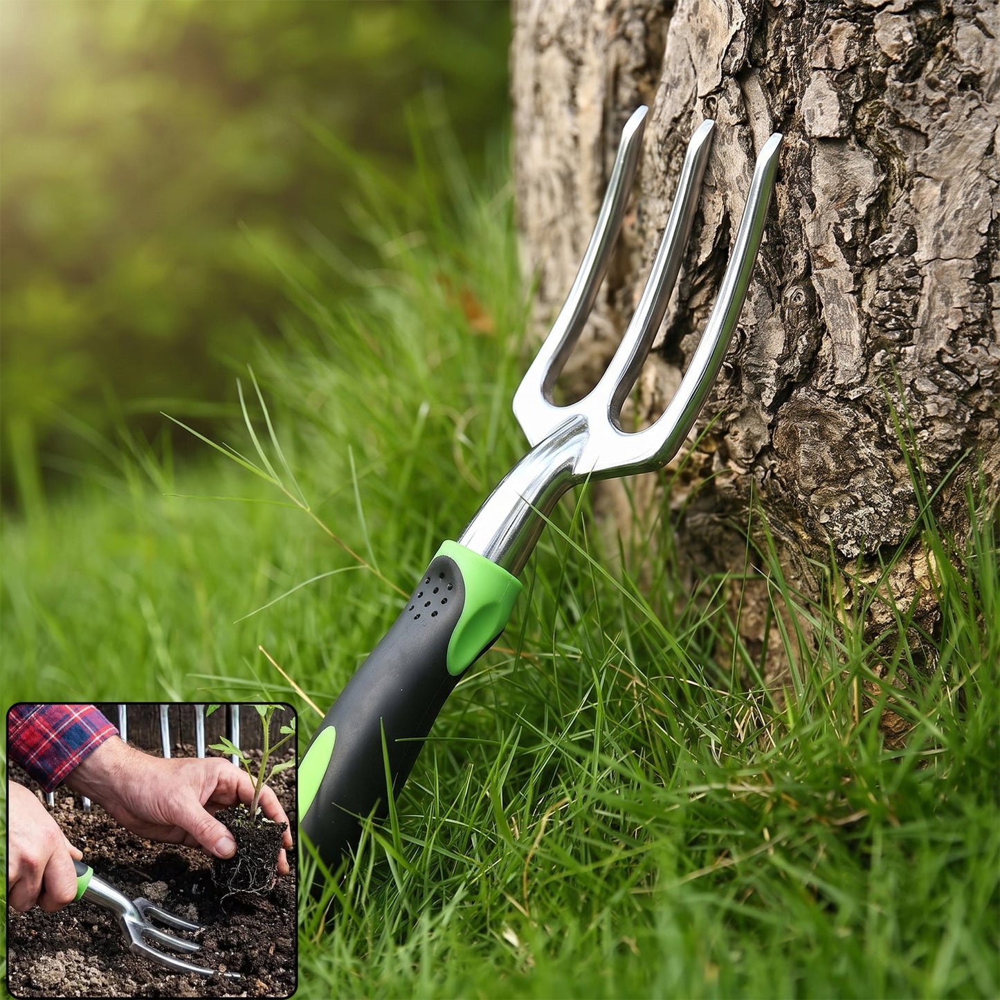 Garden hand fork, 3 tine stainless steel digging tool with ergonomic handle (1 pc)