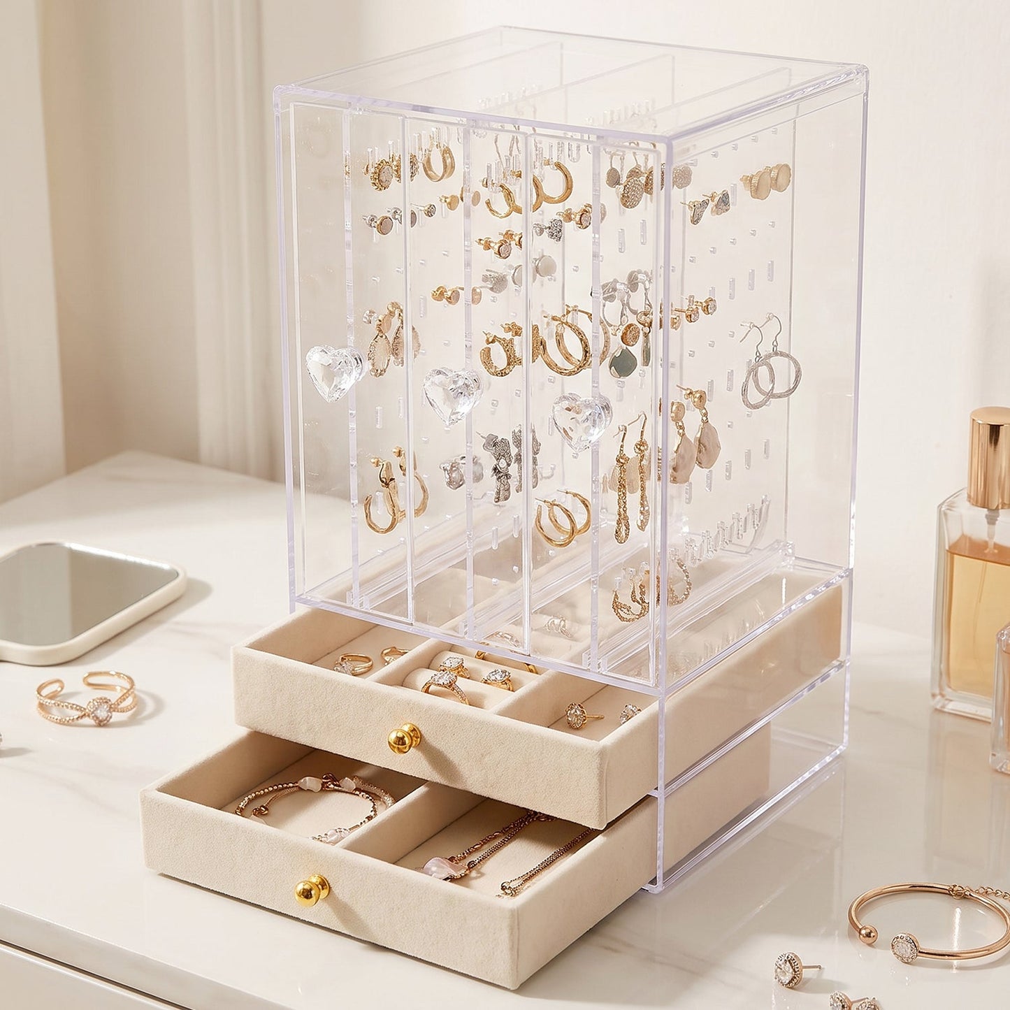 Earring display box with drawers for rings and necklaces