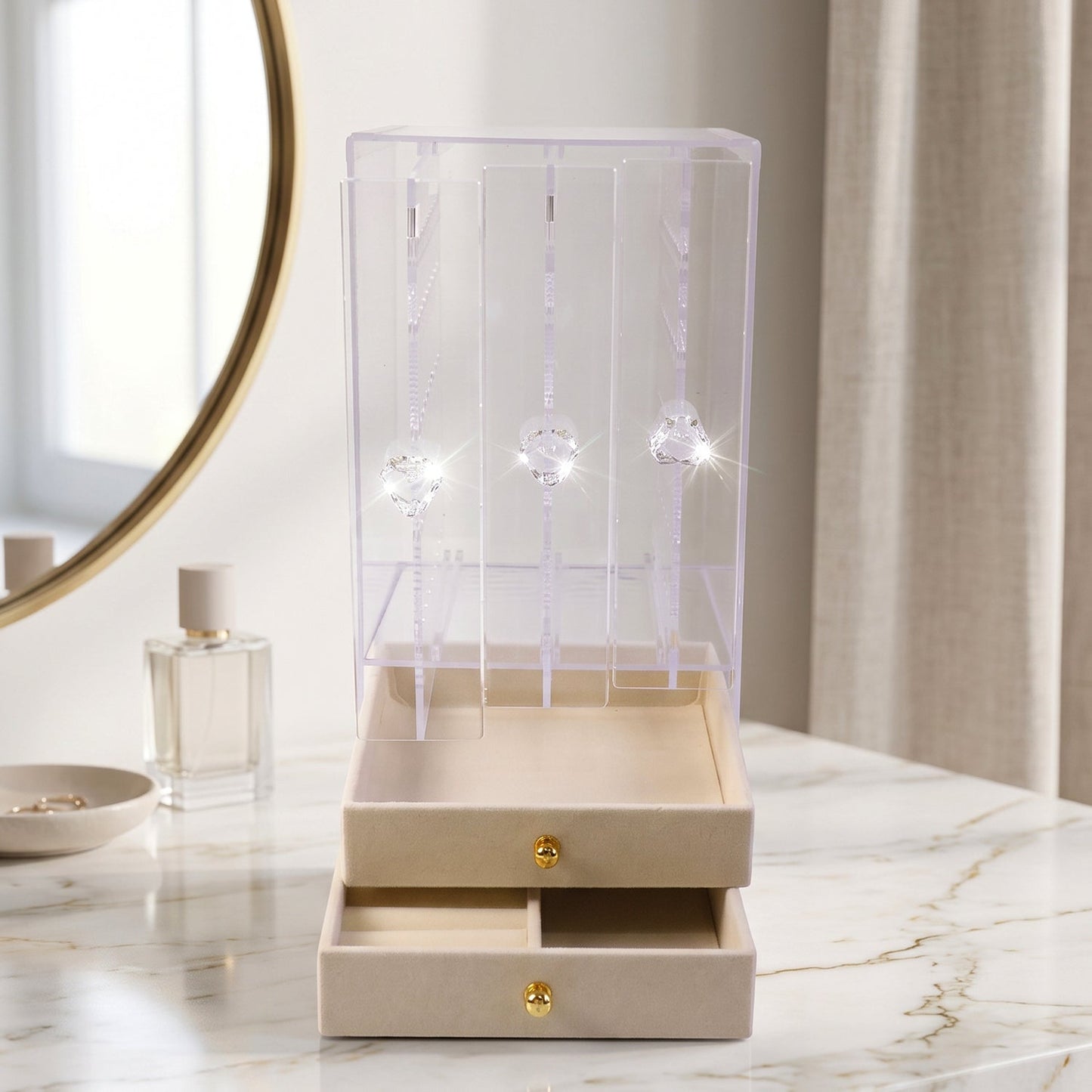 Acrylic earring holder box with two storage drawers
