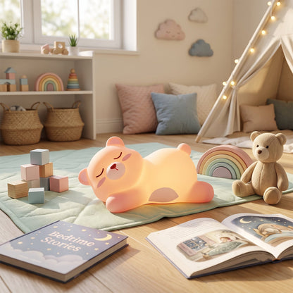 Child's hand gently squeezing the soft silicone bear night light.