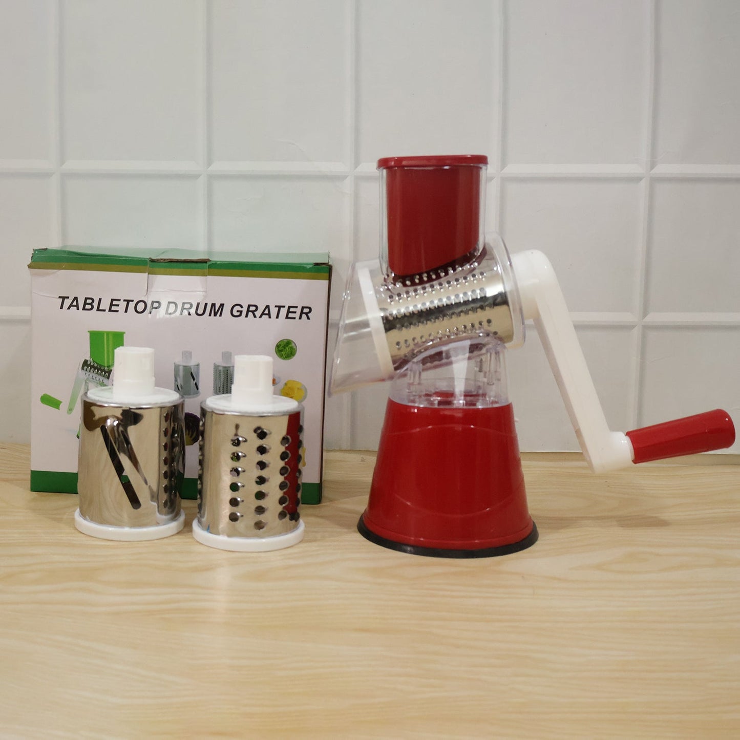 Compact drum grater and slicer for home kitchen use