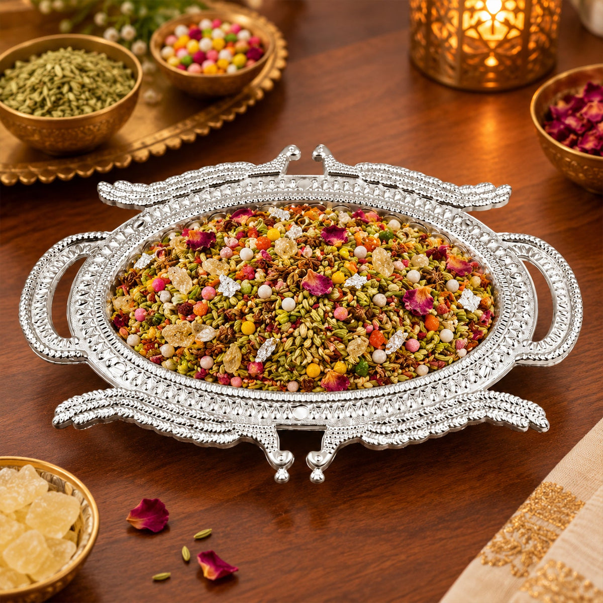 Mukhwas Serving Tray – Elegant Dry Fruit & Candy Plate – detail view