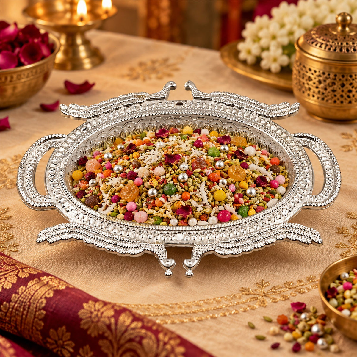 Mukhwas Serving Tray – Elegant Dry Fruit & Candy Plate – close-up