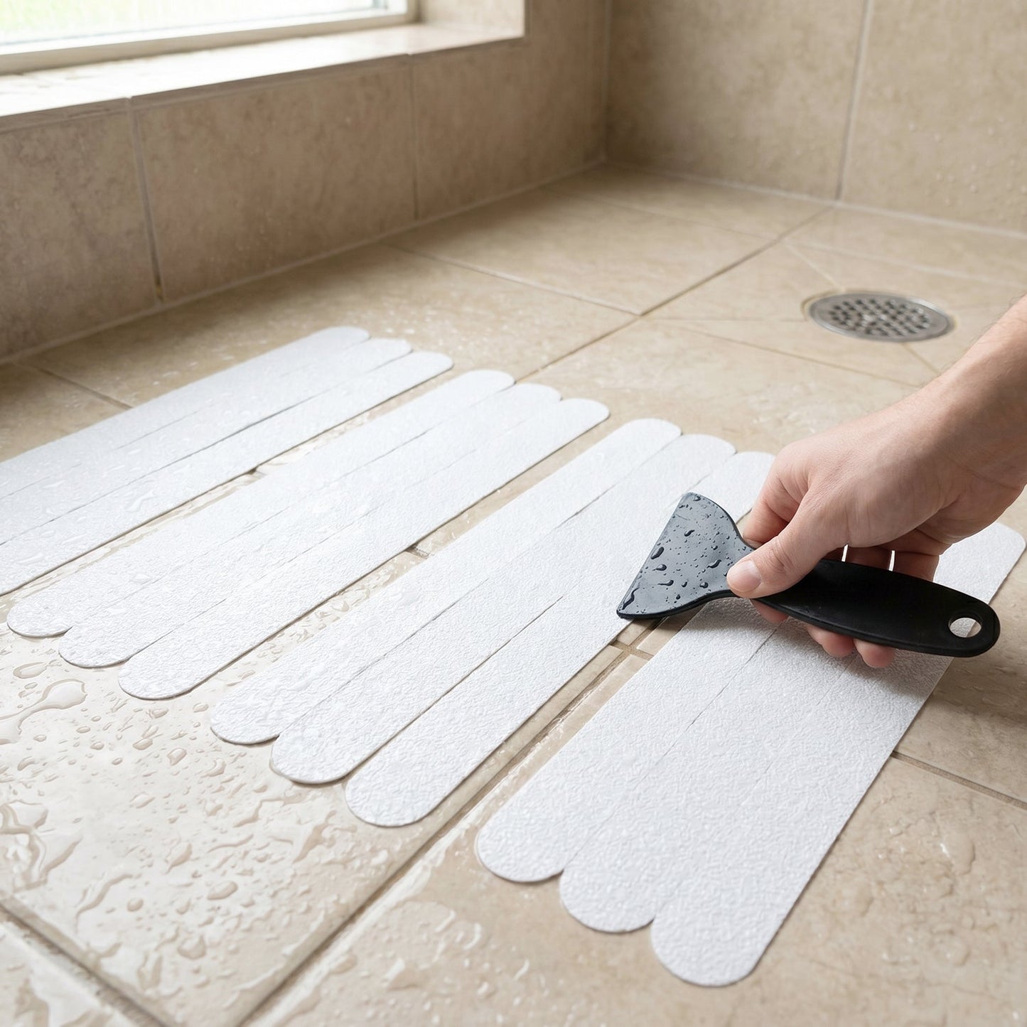 Safe bathroom surfaces improved by transparent anti-slip strips