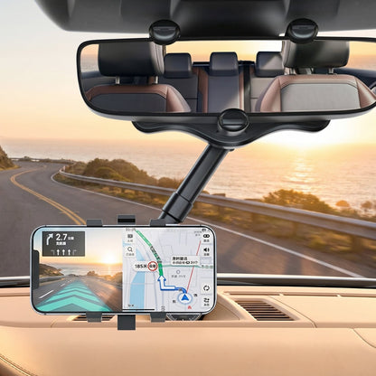 Easy clip-on car rear view mirror phone holder with 360-degree rotation