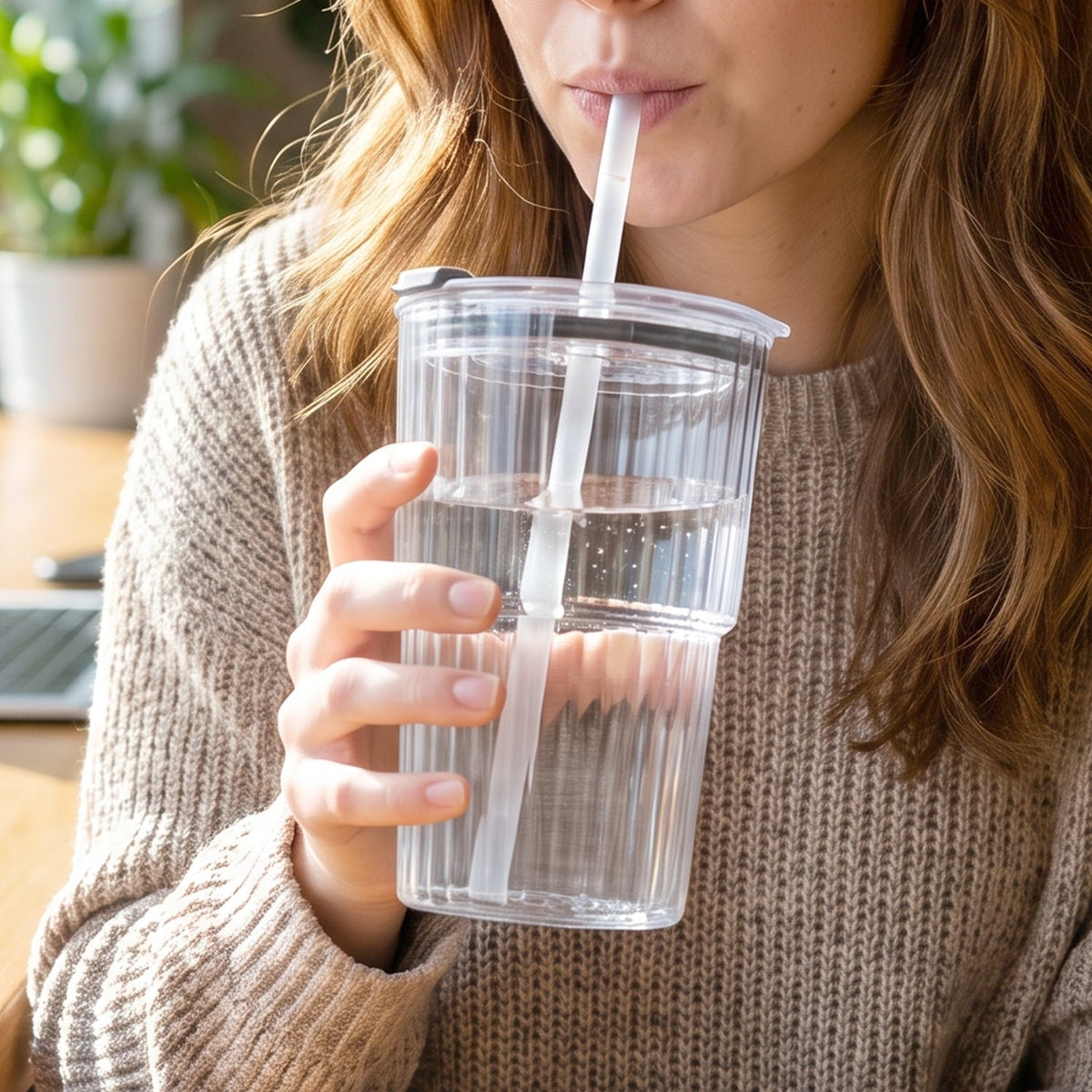 Plastic Tumbler with Lid – 450ml Reusable, Clear – close-up