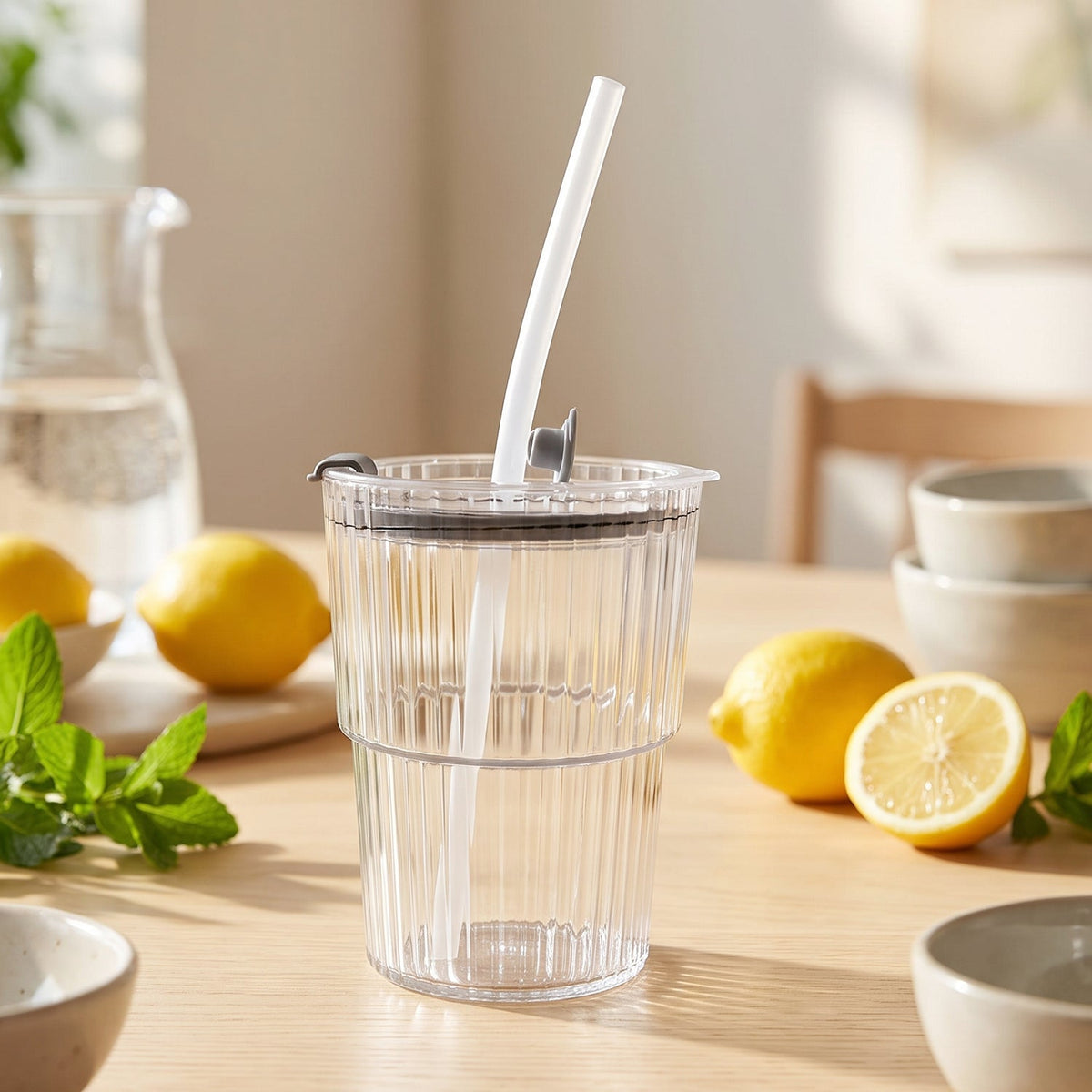 Plastic Tumbler with Lid – 450ml Reusable, Clear – detail view