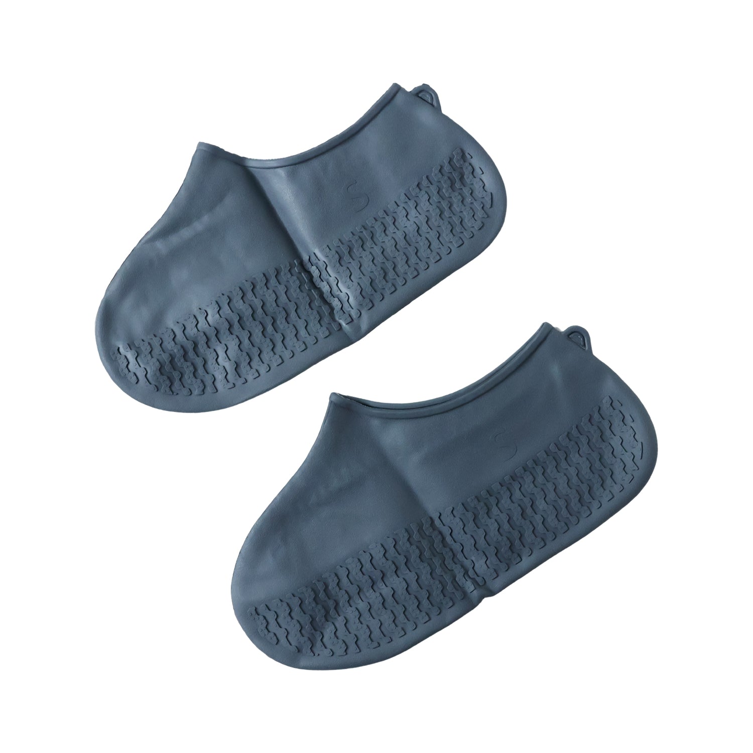 Two dark grey silicone shoe covers are displayed side by side on a white background, showing their textured soles.