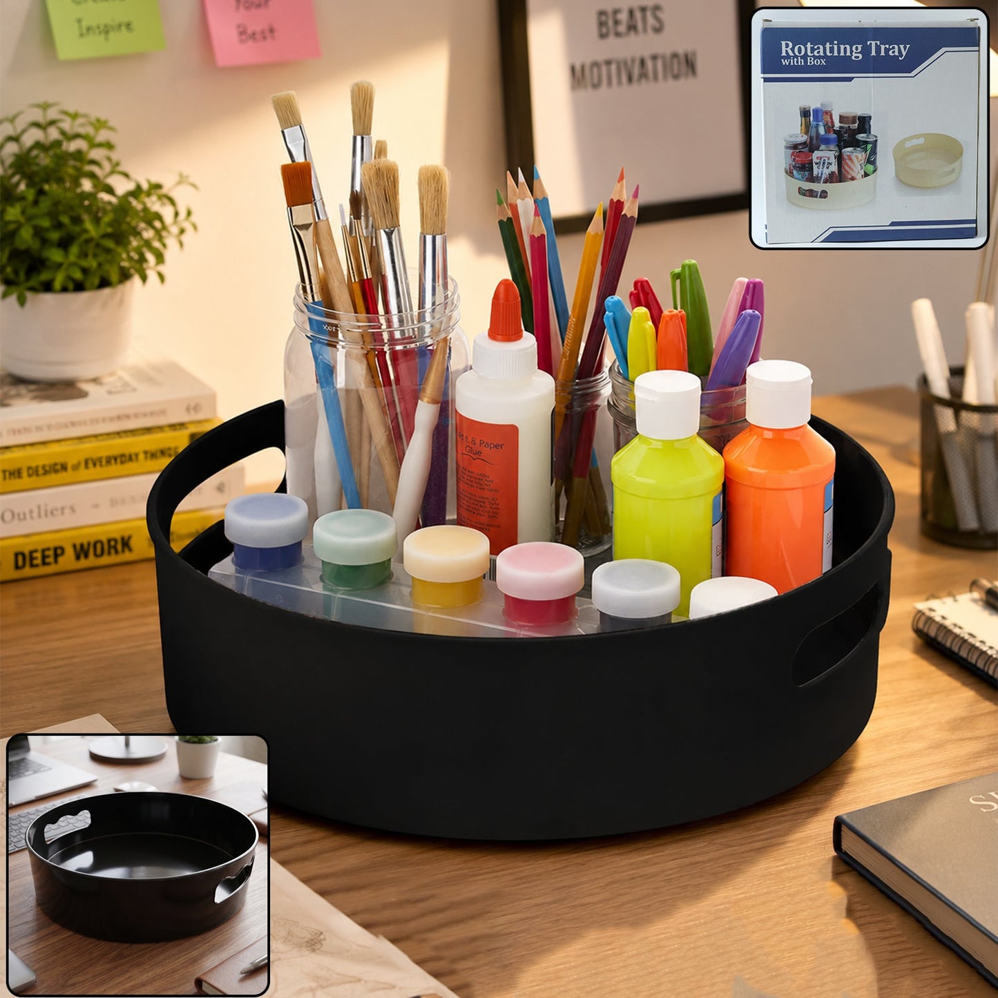 Rotating round storage tray organizer for kitchen use.
