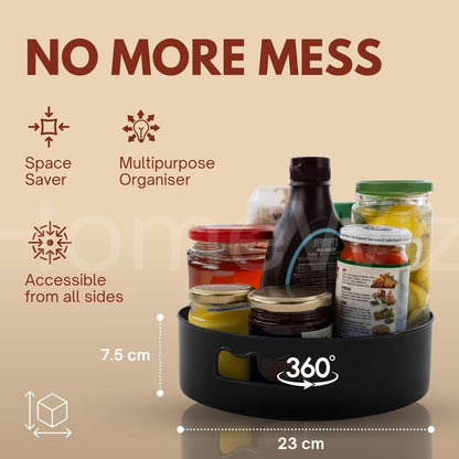 Detailed size guide for the round rotating storage tray organizer.