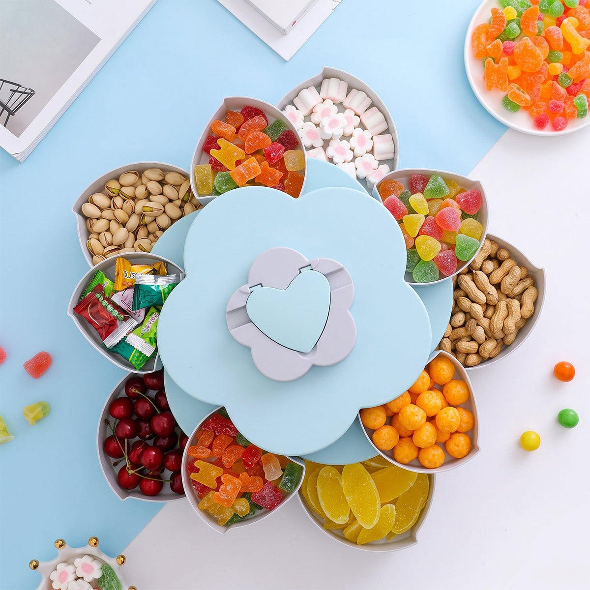 Rotating Candy Dish Flower Shape Multi Section Snack Box – close-up