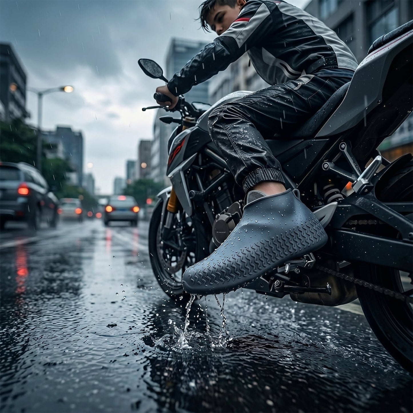 Close-up of rain shoe cover sole with anti-slip texture shoe covers
