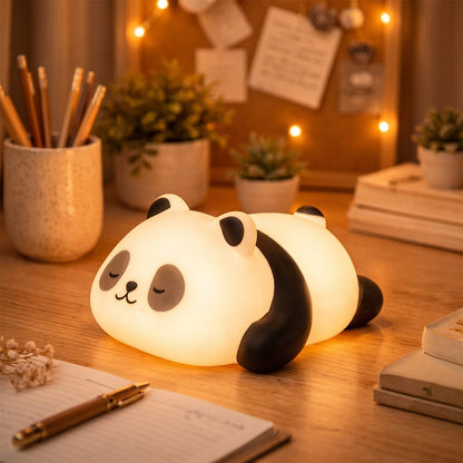 Squeezable silicone sleeping panda LED lamp for bedtime light