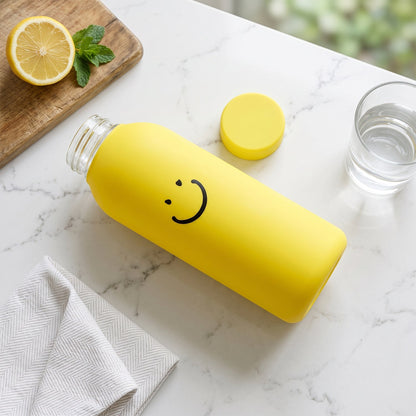 400 ML Smiley Face Glass Travel Water Bottle with Silicone Sleeve (1 Pc)