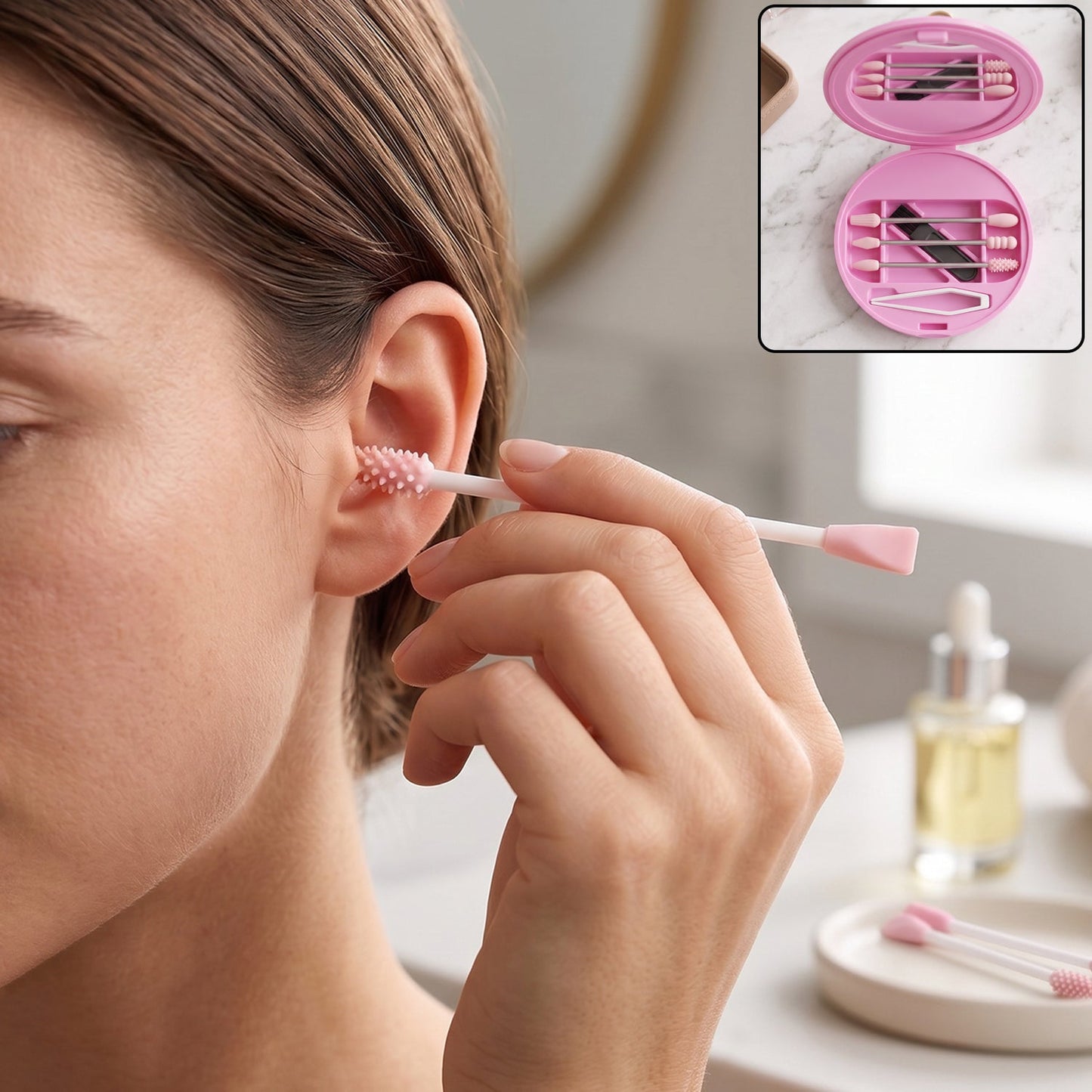 Flexible silicone ear buds with case for easy cleaning
