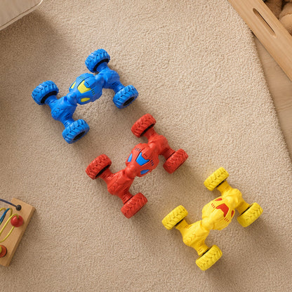 Durable pull back stunt vehicle for indoor and outdoor play