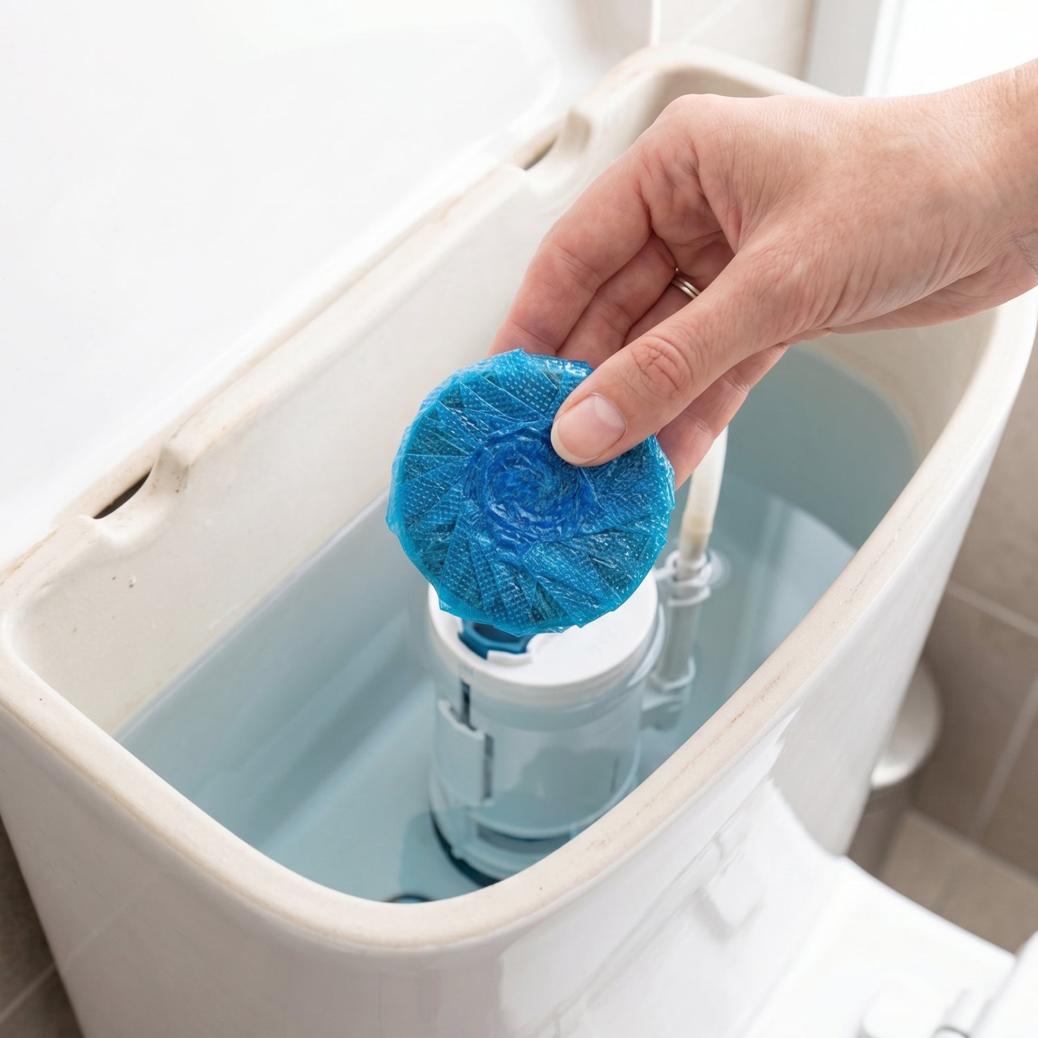 Easy-to-use toilet cleaning tablet inside bathroom cistern